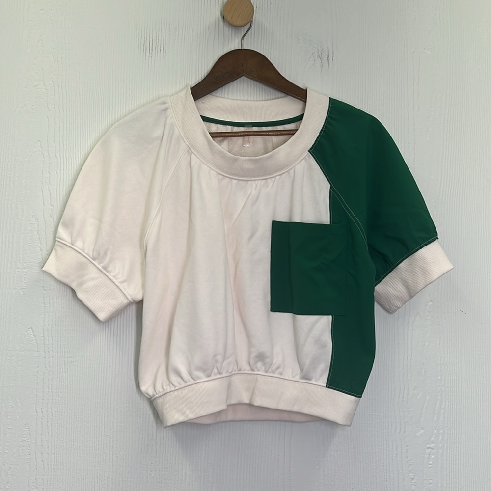 Free People - NWT Movement Green And Cream Base Short Sleeve Sweatshirt T Size M - Picture 9 of 12